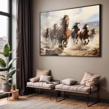 Imagem de Quadro com Moldura e Acrílico Crista l- Cavalos Correndo – Arte de Luxo Horizontal (40 x 60, PRETO)