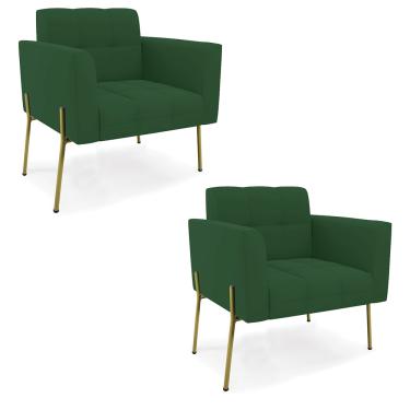 Imagem de Poltrona Pé de Ferro Dourado para Sala Kit 2 Elisa Veludo Verde D03 - D'Rossi