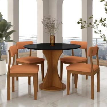 Imagem de Mesa Redonda Cosença Com 4 Cadeiras Estofadas Fre/pto/s.terracot - M.a Freijó/preto/terracota