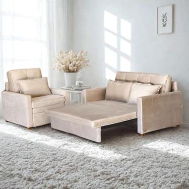 Imagem de Conj. Sleep Sofá + Poltrona Assento Dobrável Veludo Bege - Larbelle