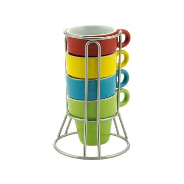 Imagem de Cj 4 Xícaras P/Café de Porcelana Coloridas 60ml C/Suporte de Metal Bon Gourmet