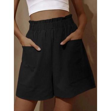 Imagem de Shorts Femininos Casual de Cintura Alta Plus Size com 2 Bolsos, BR-P, 