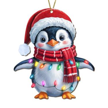 Imagem de Enfeite de Natal pinguim 2025 – madeira de álamo, chapéu de Papai Noel e luzes, impressão UV frente e verso
