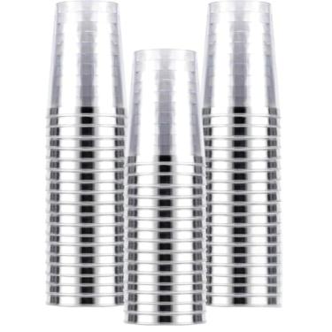 Imagem de Kit 25/50 Copos Acrílico 10oz/300ml Lavável Descartável Cristal,copo transparente com borda prata(50)