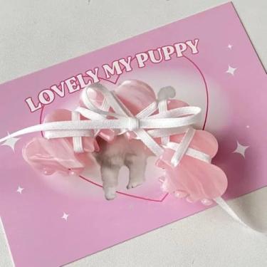 Imagem de Grampos de cabelo com garra de cabelo de ácido acético, flores fofas, fita acrílica, laço feminino (rosa)