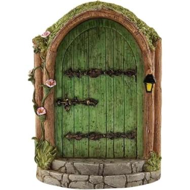 Imagem de Tiosen Porta de fada de madeira verde, decoração de jardim em miniatura, ornamento de tronco de árvore, acessórios de casa de gnomo ao ar livre