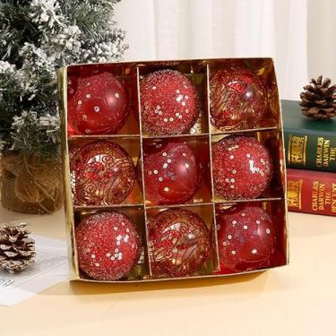 Imagem de Bolas de Natal, 9 peças, 8 cm, bolas de Natal, champanhe, pingente de decoração de árvore de presente para decoração de guirlanda de Natal (vermelho)