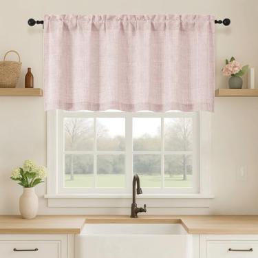 Imagem de OVZME Saia rosa blush para janelas, cortinas curtas de linho sintético texturizadas com filtro de luz para janelas, bolso duplo para varão, cortina curta para casa de banho, 152 cm L x 61 cm C, 1 peça