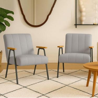 Imagem de Poltrona Sala Decorativa Industrial Preto Kit 2 Laurita Linho K01 - D'rossi Cor Cinza