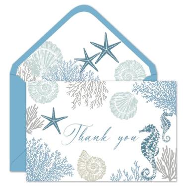 Imagem de Whaline 50 peças, cartões de agradecimento de verão, cartões de felicitações coral com concha do mar, cartão de notas em branco com adesivo de envelope para suprimentos de convite de festa de chá de