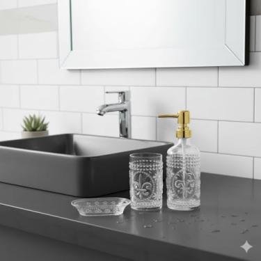 Imagem de Kit Banheiro Vidro Transparente 3 Peças | Dispenser Sabonete + Copo + Saboneteira