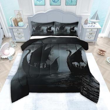 Imagem de Feelyou Conjunto de edredom com estampa de navio vikings, tamanho Queen, luar, oceano, mar, para meninos e meninas, decoração de quarto, 3 peças, 1 edredom + 2 fronhas