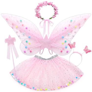 Imagem de Latocos 5pcs Girls Fairy Wings Costume Kids Toddler Butterfly Wings with Wand Tutu Skirt Crown Headband Halloween Princess Dress Up Gift (Pink)
