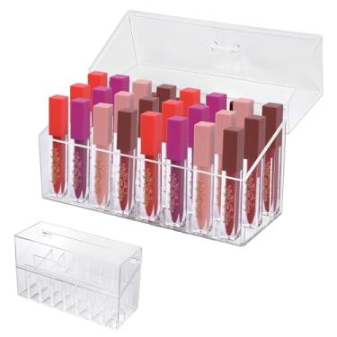 Imagem de Wiojtry Organizador de brilho labial acrílico e suporte de maquiagem de beleza para gaveta, paletes de cosméticos, armazenamento transparente, 24 recipientes para organização de espaço para brilho