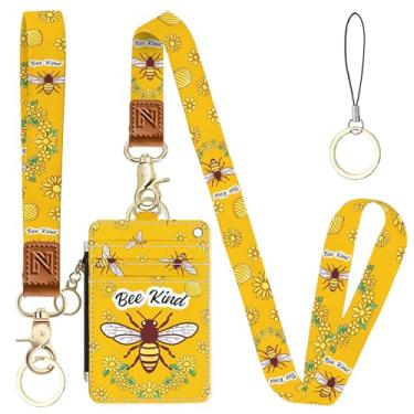 Imagem de Porta-crachá de identidade 2 em 1 Bee Kind e carteira com cordão para professores, enfermeiras, profissionais - linda bolsa de moedas com zíper, alça de pulso removível e cordão de pescoço, 5