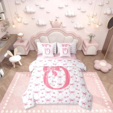 Imagem de Erosebridal Jogo de cama solteiro com letra O, 7 peças, laço coquete rosa, para meninos e meninas, com lençol de cima e lençol com elástico e nó de borboleta