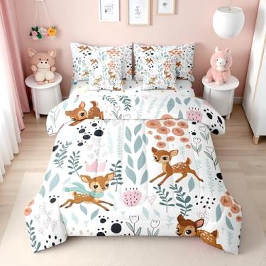Imagem de Erosebridal Jogo de cama casal infantil de 7 peças, estampa de veado do zoológico da floresta, para meninas e meninos, lençol de cima, lençol de cima com estampa de pata em uma bolsa