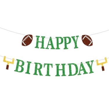 Imagem de Decorações de festa de aniversário de futebol com glitter, faixa pré-amarrada de feliz aniversário com placa de poste de gol de futebol para suprimentos de festa com tema esportivo (verde)