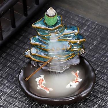 Imagem de Queimador de incenso de refluxo de cerâmica, decoração criativa para casa, queimador de incenso de refluxo em forma de peixe artesanal, aproveite o aroma de sândalo (B-7 azul alpino)
