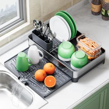 Imagem de Escorredor de pratos de aço inoxidável 304, escorredor de pratos expansível para balcão de cozinha, escorredor de pratos grande multifuncional, coador de pratos extensível com 3 suportes de talheres