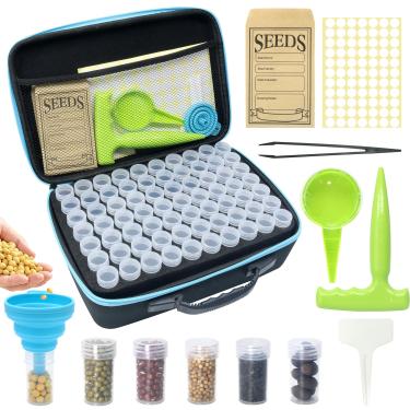 Imagem de Sumloty Kit organizador de 140 compartimentos para armazenamento de sementes com 20 envelopes, caixa de armazenamento de sementes à prova d'água, garrafas transparentes, pinças, funil, semeador para