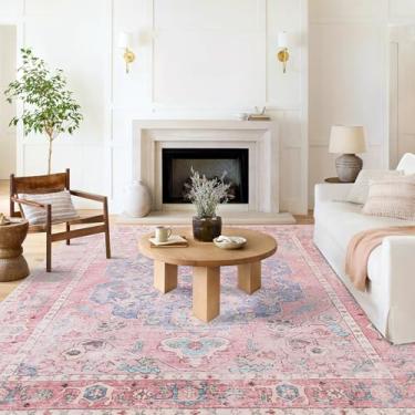 Imagem de Tapete vintage azul-mar/rosa com base antiderrapante tipo colmeia, lã sintética espessa e macia, dobrável e lavável na máquina, para sala de estar, quarto, sala de jantar, escritório, 2,44 x 3,05 m