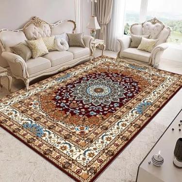 Imagem de Tapete Veludo, B157, Fundo em marrom escuro e detalhes risco em dourados bege e creme, 3d 2,00x2,40 Indiano Antiderrapante