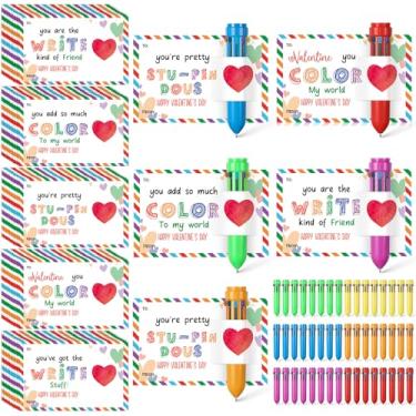 Imagem de Sabary Conjunto de 50 canetas multicoloridas com cartão de dia dos namorados, inclui cartão de presente e caneta multicolorida retrátil para escritório, escola, festa do dia dos namorados, presente de