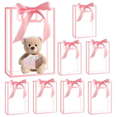 Imagem de Zeivvnef Pacote com 8 sacos de presente transparentes com alças 17 x 25 x 8 cm, sacos de plástico com fitas, sacolas reutilizáveis de presente de festa para aniversário, Natal e casamento (rosa)
