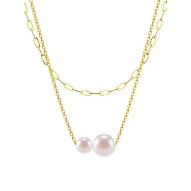 Imagem de Colar feminino em camadas delicadas banhado a ouro 14K, colar de pérolas para mulheres, corrente de clipe de papel, Large, Aço inoxidável, Sem Pedra Preciosa
