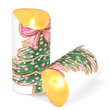 Imagem de Blueangle Pacote com 2 velas de árvore de Natal rosa sem chama com controle remoto e temporizador, velas LED cintilantes (7,6 cm x 15 cm) para decoração de casa, casamento, acampamento (846)