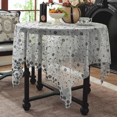 Imagem de Huierxun Toalha de mesa de renda branca 139 x 135 polegadas vintage floral preta bordada toalha de mesa quadrada rústica boho chique casamento casamento capa de mesa de chuveiro (preto A, 139,7 cm x
