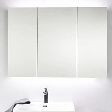 Imagem de SPXMQSS Armários de banheiro com luzes, armário de armazenamento de espelho de banheiro com prateleiras de espelho, armários de banheiro com espelho, 3 portas, unidades de armazenamento montadas na