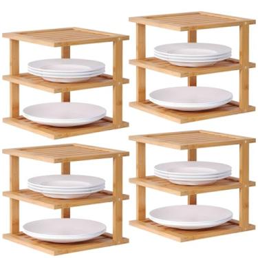 Imagem de Danfoxer Pacote com 4 prateleiras de canto de bambu, organizador de armário de cozinha de 3 camadas para pratos e pratos, armazenamento de despensa e rack de especiarias (natural)