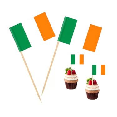 Imagem de 100 Pac Bandeira da Irlanda Bandeiras de palito de dente irlandês, palhetas de coquetel, mini palito, topos de cupcake, palitos de país, decoração de festa, celebração, coquetel, comida, bar, bolo,