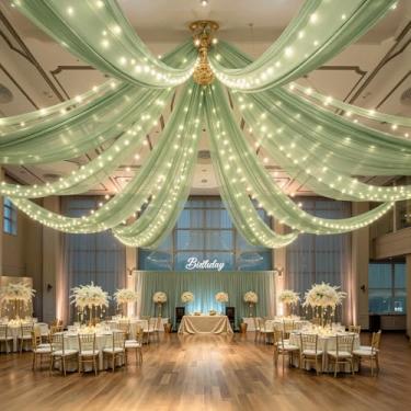 Imagem de FrohFest 6 painéis de cortinas de teto verdes com luzes para casamentos - 1,5 m x 3 m, tecido de tule sem rugas, arco de casamento, drapeado, cortinas de teto, decorações para festa de casamento