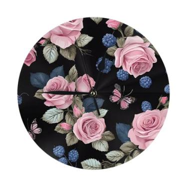 Imagem de ZERAOKE Black Blackgound Rose - Relógio de parede redondo moderno - silencioso sem tique-taque operado por bateria, decoração de mesa ou parede para sala de estar, quarto, escritório.