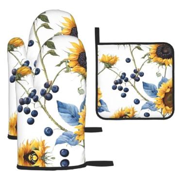 Imagem de Impressão de girassol – Conjunto de cozinha essencial de 3 peças, luvas seguras para calor e aderência de tampa, proteção para churrasco no forno, design de armazenamento suspenso.