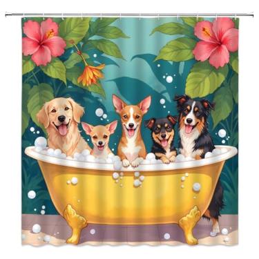 Imagem de Cortina de chuveiro para cães engraçados, cachorrinho fofo na banheira, bolhas, rosa tropical, floral, folhas verdes, animais de estimação, adoráveis, aquarela, selva, natureza, planta, decoração de