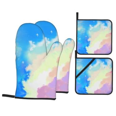 Imagem de Sky - Conjunto de luvas de cozinha estampadas com suportes de tampa, luvas de forno resistentes ao calor para manusear panelas quentes, grelhar, churrascos, kit de 4 peças.