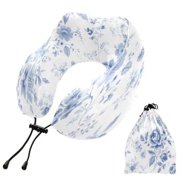 Imagem de CEBUGI Travesseiros de viagem portáteis em forma de U, travesseiro de pescoço de espuma viscoelástica com trava de corda ajustável para avião, viagem, trem, negócios, escritório, soneca (floral