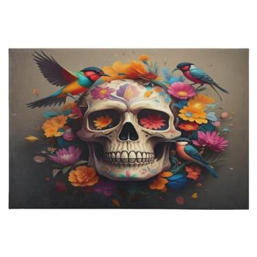 Imagem de CEBUGI Tapete de área 60 x 90 cm, macio, lavável, antiderrapante, com suporte de borracha, caveira, flor, para sala de estar, quarto, decoração de casa