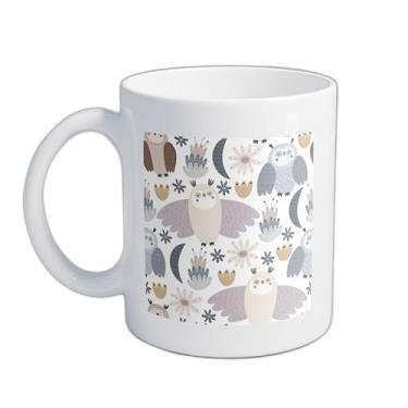 Imagem de Caneca Xícara de Café Porcelana 300ml Com Desenho de Flores e Corujas