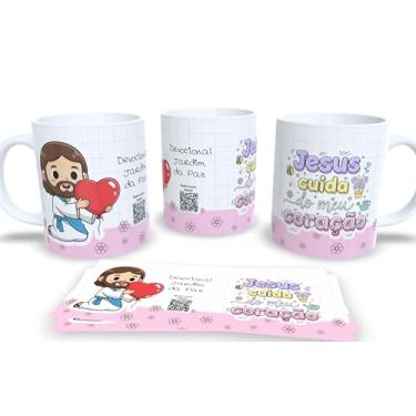 Imagem de Caneca Devocional Jardim da Paz, Branca com Listras Rosa e Verde, Flores, Tema Religioso (22998)