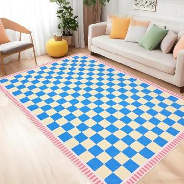 Imagem de Lacomfy Tapete xadrez lavável, 10 x 15 cm, padrão quadriculado, tapete de área para sala de estar, antiderrapante, dobrável, tapete interno de lã sintética macia para sala de jogos, quarto de crianças
