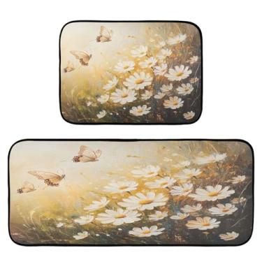 Imagem de STAYTOP Tapetes de cozinha de flores silvestres e borboletas, 2 peças, tapete de entrada frontal, antiderrapante, alivia a fadiga, lavável, tapete para cozinha, quarto, varanda