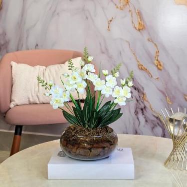 Imagem de Arranjo de Flores Artificiais com Orquídeas em Vaso de Vidro – Decoração para Sala, Mesa, Lavabo e Escritório(Branco)