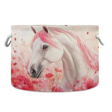 Imagem de Burbuja Cesta de armazenamento redonda de cavalo branco com alças de corda de algodão, cesta de lavanderia para cobertores, brinquedos, berçário, decoração de sala de estar