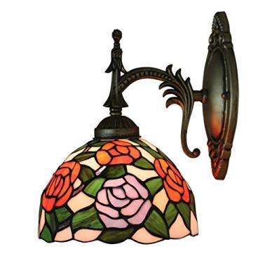 Imagem de Arandela de parede estilo Tiffany de 8 polegadas com um braço e formato de rosa, inspirada em vitrais europeus, ideal para cabeceira, quarto, sala de estar e corredor. Potência máxima: 40W.