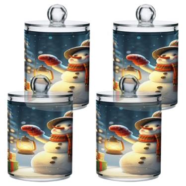 Imagem de STAYTOP 4 frascos de boticário Qtip Dispensador de boticário com etiquetas - Recipiente de armazenamento Qtip de plástico transparente para bola de algodão, cotonete, grão de café - boneco de neve de